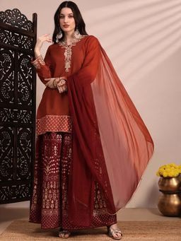 Globus - Women Orange Zari Embroidered Yoke Short Kurti With Sharara & Ombre Dupatta