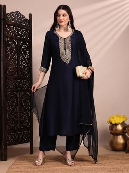 Globus - Women Blue A-Line Kurta With Pant & Dupatta