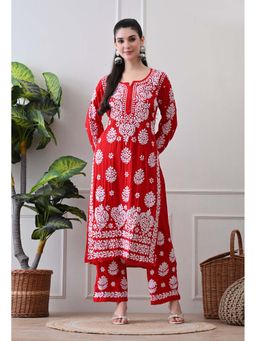 SYRISH - Red Hand Embroidered Chikankari Kurta Palazzo