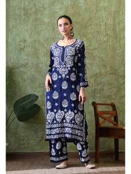 SYRISH - Navy Blue Hand Embroidered Chikankari Kurta Palazzo