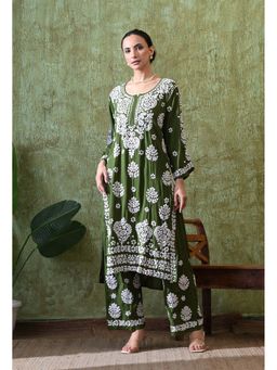 SYRISH - Green Hand Embroidered Chikankari Kurta Palazzo