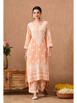 SYRISH - Peach Embroidered Chikankari Kurta Palazzo