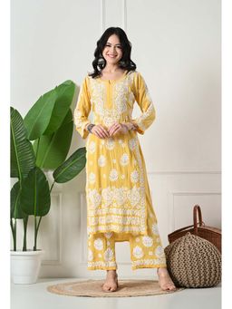 SYRISH - Yellow Hand Embroidered Chikankari Kurta Palazzo