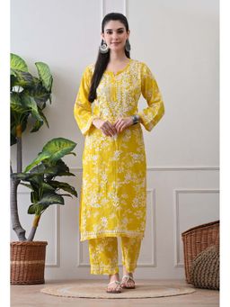 SYRISH - Hand Embroidered Chikankari Mulmul Kurta Palazzo Yellow