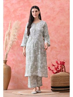 SYRISH - Hand Embroidered Chikankari Mulmul Kurta Palazzo Light Green