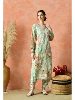 SYRISH - Green Floral Chikankari Mulmul Kurta Palazzo