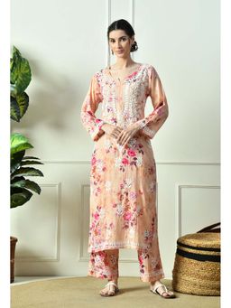 SYRISH - Peach Floral Hand Embroidered Mulmul Chikankari Kurta Palazzo