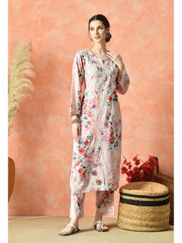 SYRISH - Pink Floral Hand Embroidered Mulmul Chikankari Kurta Palazzo