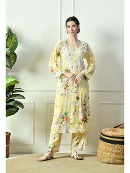 SYRISH - Yellow Floral Hand Embroidered Mulmul Chikankari Kurta Palazzo