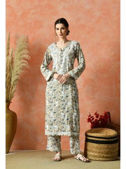 SYRISH - Grey Floral Hand Embroidered Mulmul Chikankari Kurta Palazzo