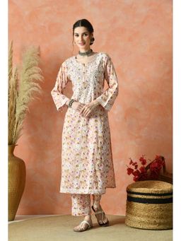 SYRISH - Peach Floral Hand Embroidered Mulmul Chikankari Kurta Palazzo