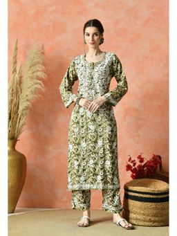 SYRISH - Green Floral Hand Embroidered Mulmul Chikankari Kurta Palazzo