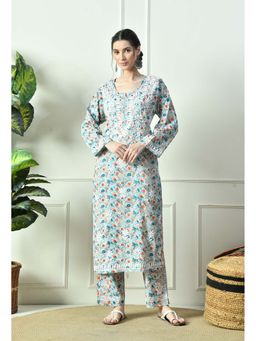 SYRISH - Teal Floral Hand Embroidered Mulmul Chikankari Kurta Palazzo