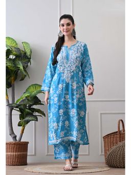 SYRISH - Hand Embroidered Chikankari Mulmul Kurta Palazzo Blue