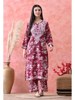 SYRISH - Hand Embroidered Chikankari Mulmul Kurta Palazzo Maroon