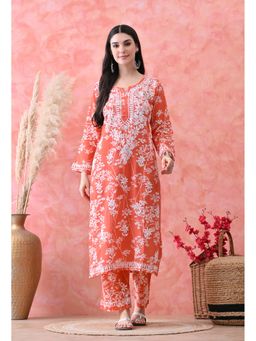 SYRISH - Hand Embroidered Chikankari Mulmul Kurta Palazzo Orange