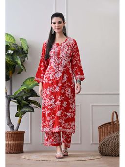 SYRISH - Hand Embroidered Chikankari Mulmul Kurta Palazzo Red