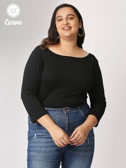 Twenty Dresses by Nykaa Fashion - Curve Black Solid Boat Neck Bodysuit