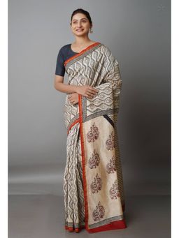Unnati Silks - Beige Pure Preet Bagru Sico Saree with Unstitched Blouse