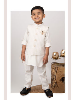 Little Collars - Boys Insect Motif Ethnic Jacket Kurta Pajama Cream (Set of 3)
