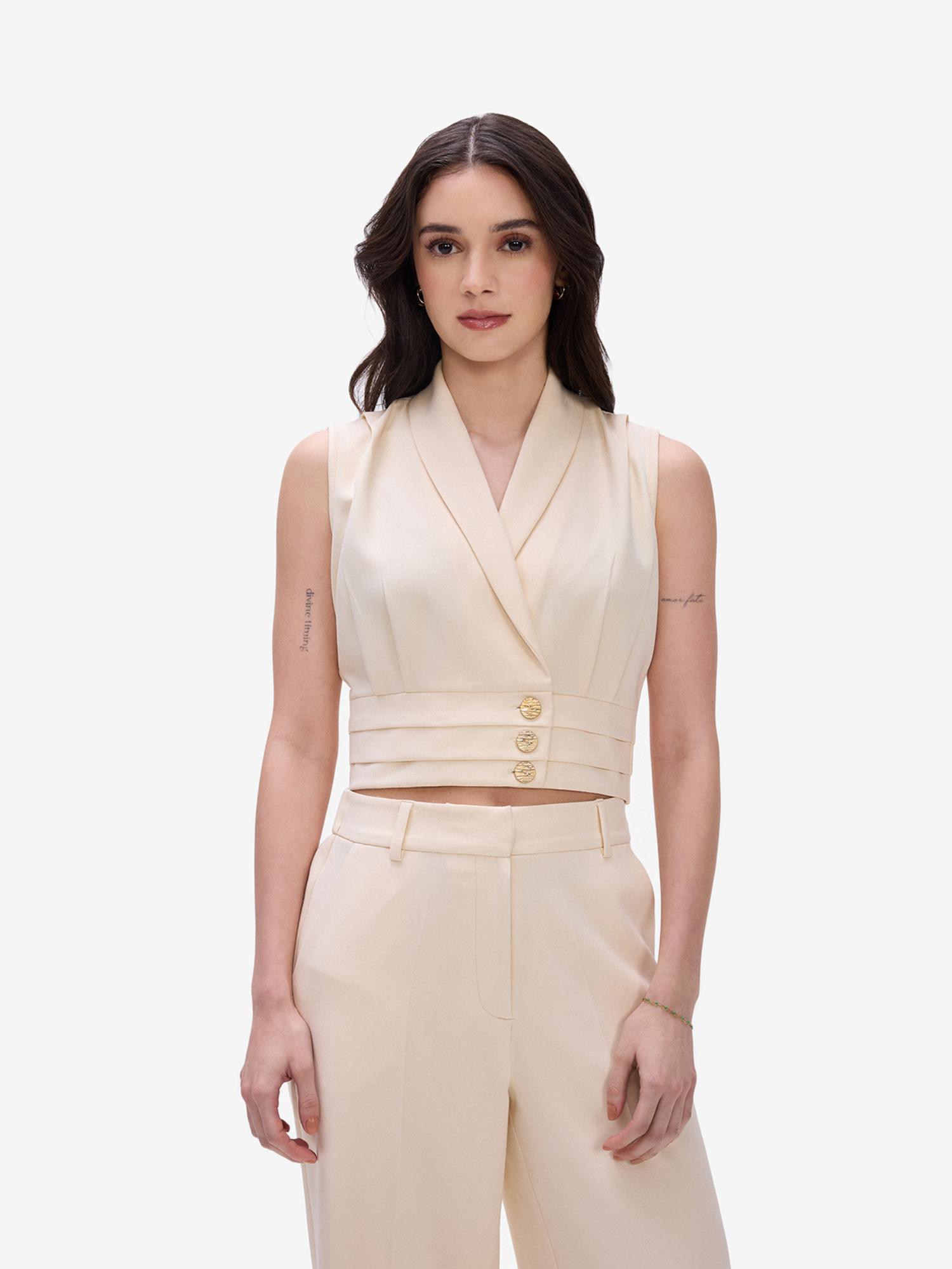 Collared Sleeveless Formal Waistcoat - Off White-picture-34