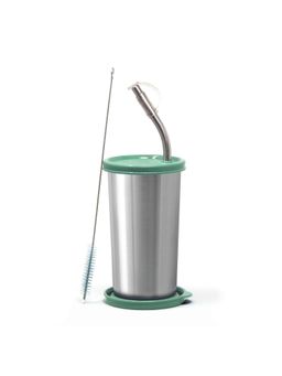 Signoraware - Green Sip Fast Stainless Steel Tumbler with Straw & Two Lids & Cleaning Brush (420ml)