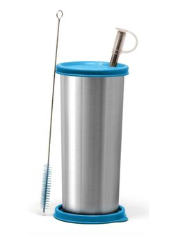 Signoraware - Blue Sip Fast Stainless Steel Tumbler with Straw & Two Lids & Cleaning Brush (500ml)
