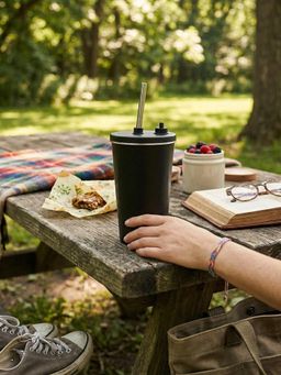 YELONA - Insulated Charcoal Black Coffee Tumbler with Steel Straw