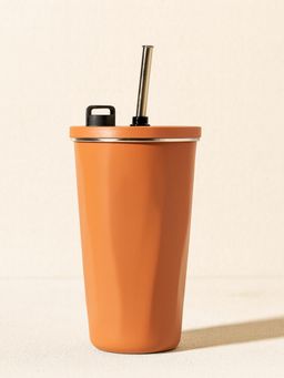 YELONA - Insulated Hot Orange Coffee Tumbler with Steel Straw