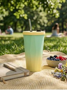YELONA - Insulated Gradient Green Coffee Tumbler with Steel Straw