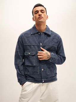 The Bear House - Men Striped Regular Fit Blue Denim Jacket