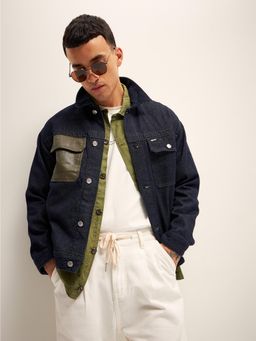 The Bear House - Men Solid Regular Fit Navy Blue Denim Jacket