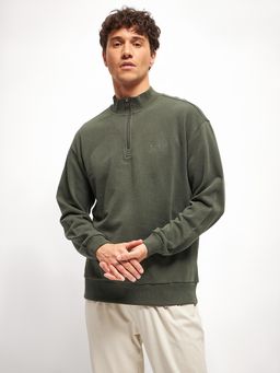The Bear House - Solid Cotton Relaxed Fit High Neck Olive Sweatshirt