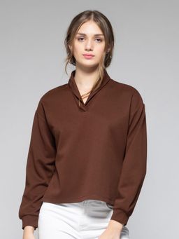 SHAYE - Brown Solid Long Sleeves Casual Shirts for Women