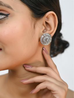 Ratnavali Jewels - American Diamond CZ Silver Plated White Round Stud Earrings