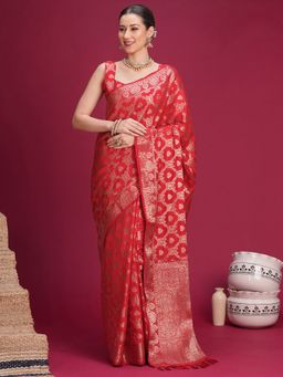 Akhilam - Womens Banarasi Silk Red Woven Saree With Unstitched Blouse