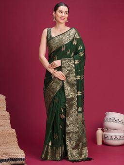 Akhilam - Womens Banarasi Silk Green Woven Saree With Unstitched Blouse