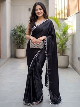 Akhilam - Womens Satin Black Solid Saree With Unstitched Blouse