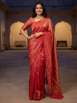 Akhilam - Womens Tissue Orange Solid Saree With Unstitched Blouse