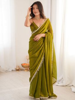 Akhilam - Womens Satin Olive Embellished Saree With Unstitched Blouse