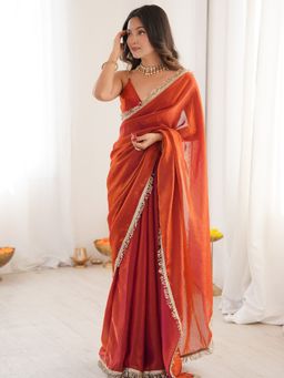 Akhilam - Womens Satin Orange Embellished Saree With Unstitched Blouse