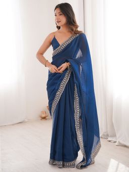 Akhilam - Womens Satin Blue Embroidered Saree With Unstitched Blouse