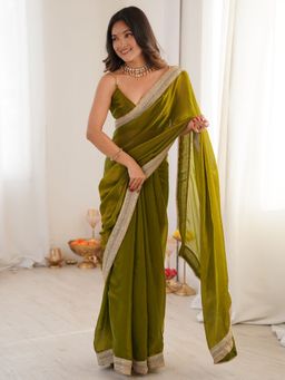 Akhilam - Womens Satin Olive Solid Lace Work Saree With Unstitched Blouse