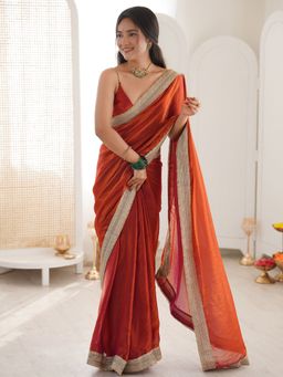 Akhilam - Womens Satin Orange Solid Lace Work Saree With Unstitched Blouse