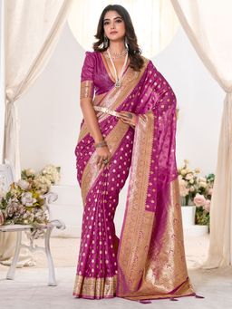Akhilam - Womens Satin Silk Magenta Woven Saree With Unstitched Blouse