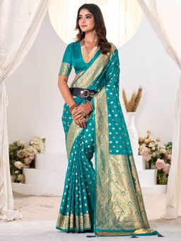 Akhilam - Womens Satin Silk Turquoise Woven Saree With Unstitched Blouse