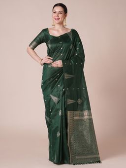 Akhilam - Womens Silk Blend Dark Green Woven Saree With Unstitched Blouse
