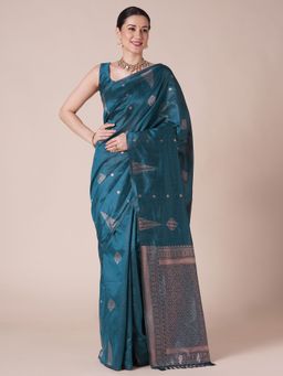 Akhilam - Womens Silk Blend Teal Blue Woven Saree With Unstitched Blouse
