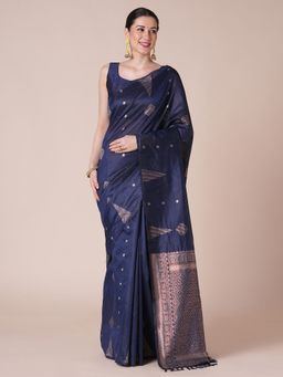 Akhilam - Womens Silk Blend Navy Blue Woven Saree With Unstitched Blouse