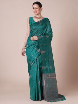 Akhilam - Womens Silk Blend Rama Green Woven Saree With Unstitched Blouse